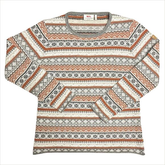 FJALLRAVEN Ovik Folk Knit Fair Isle Wool Sweater Size XL Cream Gray Brown - Picture 1 of 7